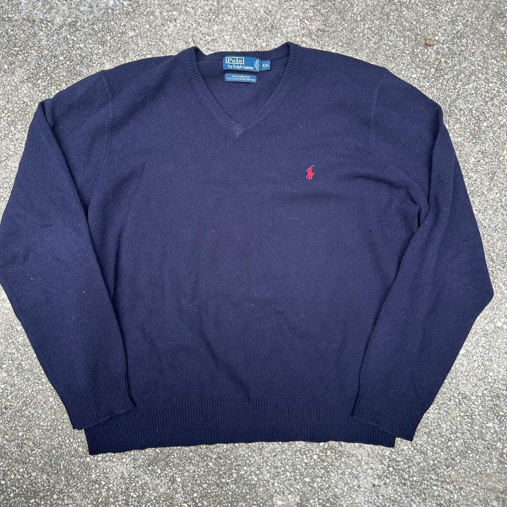 Polo Ralph Lauren Mens XXL Navy Blue 100% Lambswool V-Neck Sweater Red Pony Logo